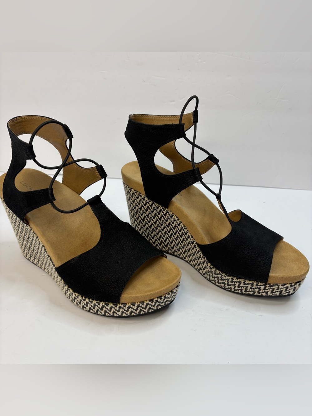 Lucky Brand Black Strappy Espadrille Wedges